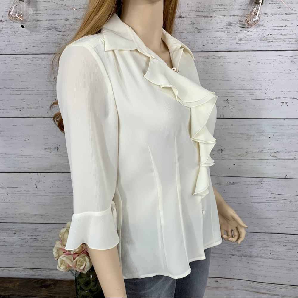 JUDITH HART Cream Ruffle Front Button-Down Blouse - Picture 7 of 11